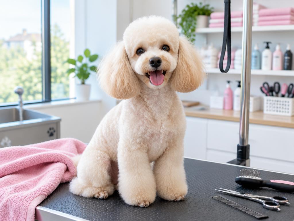 Caniche au salon de toilettage, illustration générée